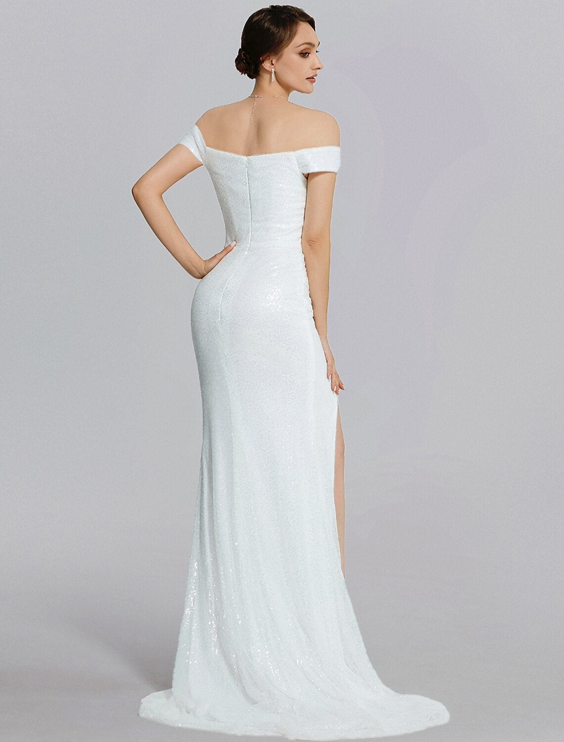 Meerjungfrau/Trompete Abendkleid Glitzerkleid Hochzeit Black Tie Bodenlang Kurzarm Schulterfrei Pailletten mit Schlitz